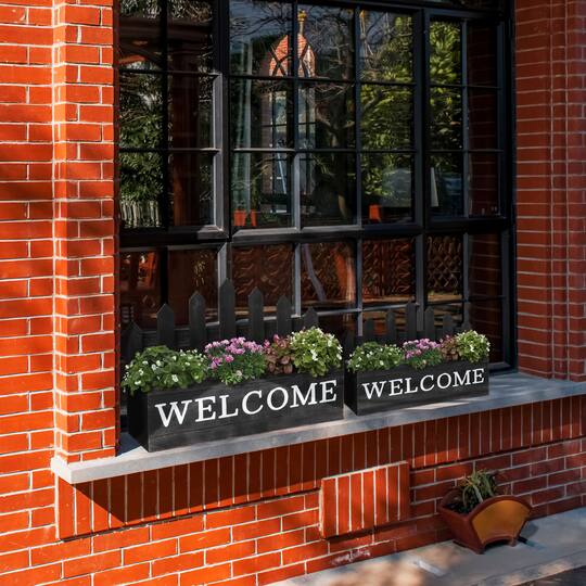 Glitzhome® Black Wood WELCOME Fence-Inspired Planter Stand Set